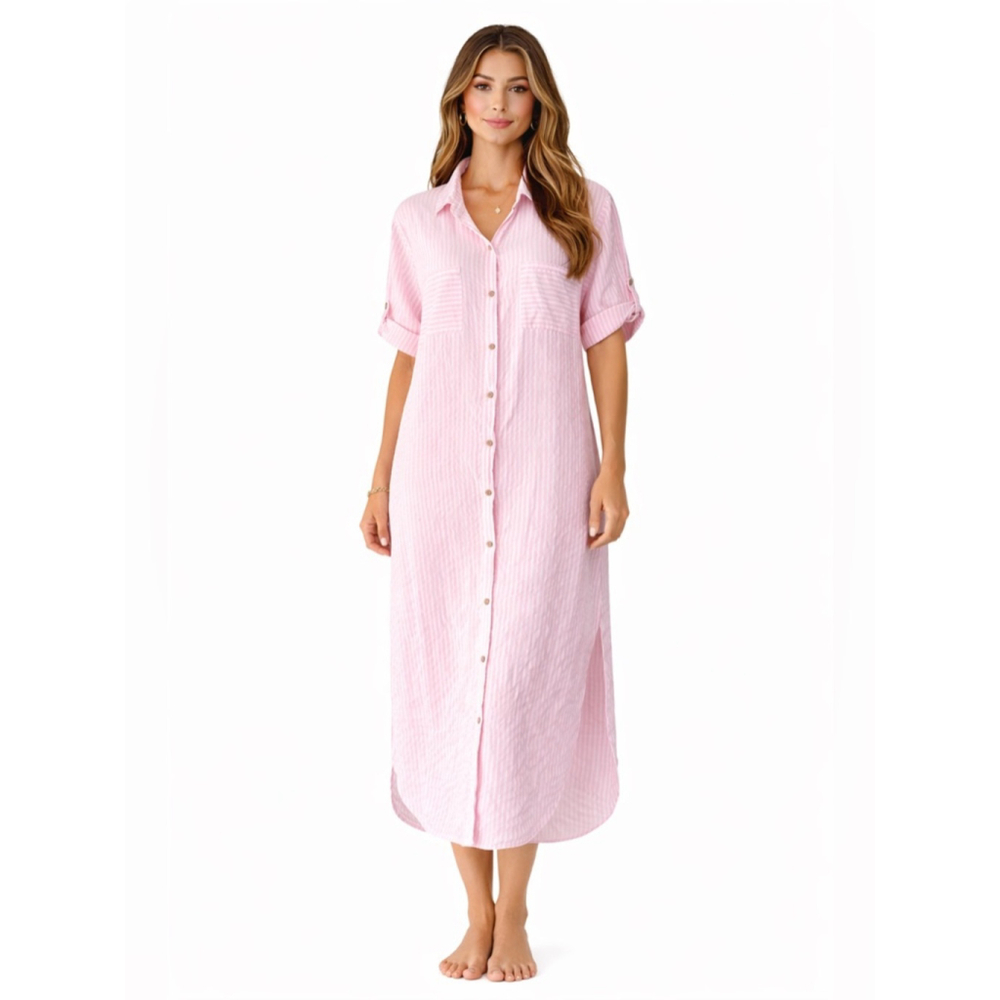 Button-Front Shirt Dress Made in Italy Pink Stripe Relaxed Fit Medium Large
